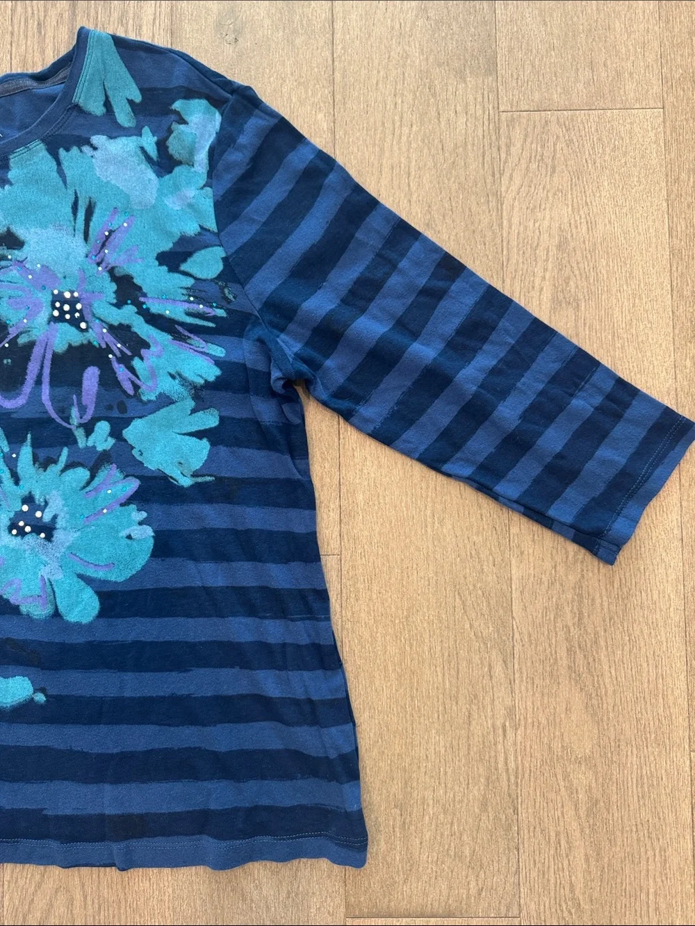 Nicole Miller Knit Cotton Top Blue Stripes Overlaid Embellished Floral Womens 1X